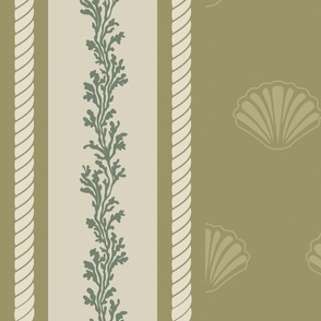 Vintage Biedermeier style seaweed garland stripes with shells, muted olive green and  pale almond
