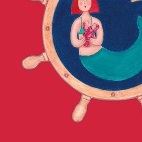 Mermaid holding lobster, lighthouse, and Helm on red background