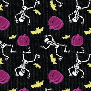 Tossed Pumpkins, Skeletons, and Bats in Halloween on Dark Black Textured Purple, Yellow and White