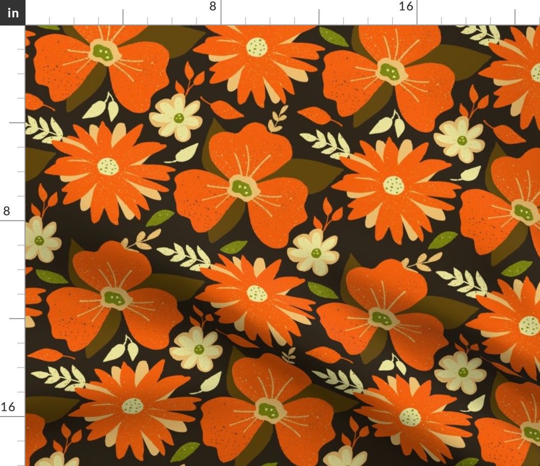 Poppin Flowers in Orange and Yellow - dark background (medium)