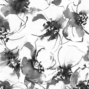 large - Spring blooming florals - dense sea of flowers - black and white