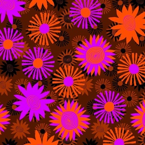 Bright Purple and Orange Flowers on Dark Orange - Jumbo 