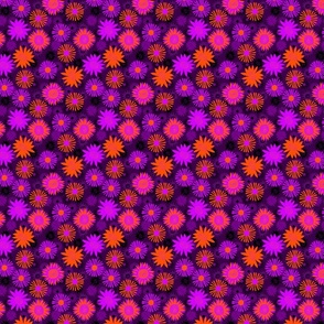 Bright Purple and Orange Flowers on Dark Purple - Ditsy  