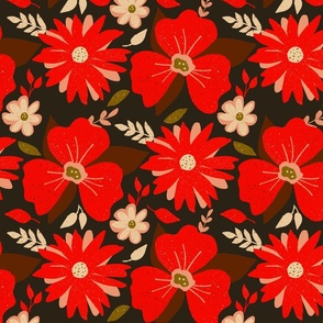 Poppin Flowers in Red and Brown - dark background (medium)