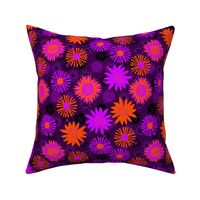 Bright Purple and Orange Flowers on Dark Purple 