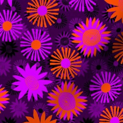 Bright Purple and Orange Flowers on Dark Purple 