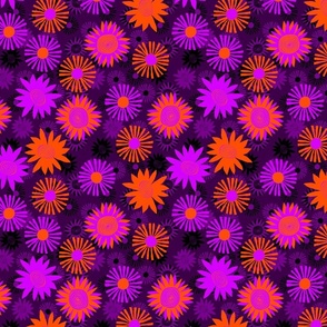 Bright Purple and Orange Flowers on Dark Purple 