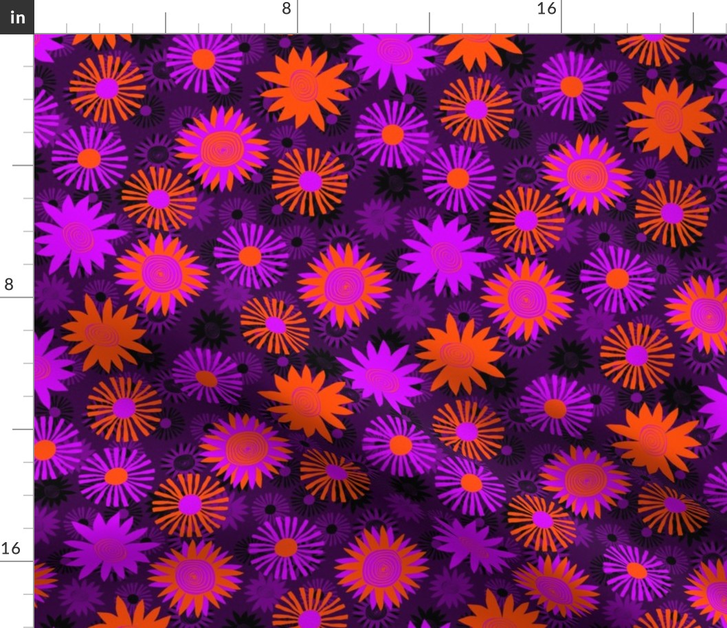 Bright Purple and Orange Flowers on Dark Purple 