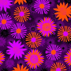 Bright Purple and Orange Flowers on Dark Purple  - Jumbo 