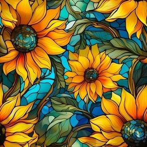 Smaller Stained Glass Sunflowers Orange Yellow Blue
