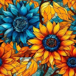 Smaller Stained Glass Blue and Yellow Sunflowers