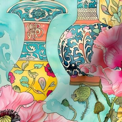 Large watercolor poppies in ginger jars on light turquoise