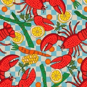 LOBSTER DINNER Red Crustacean Core Fun Coastal Shellfish Seafood on Checkerboard - SMALL Scale - UnBlink Studio by Jackie Tahara