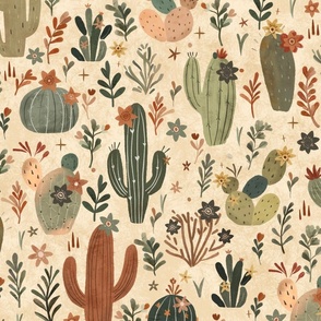 Whimsical wild west - flowering cactus in beige textured Large - Bohemian succulent desert - Hand drawn boho cacti - bedding wallpaper home decor