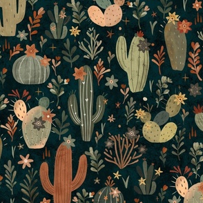 Whimsical wild west - flowering cactus in dark teal and black texture Large - Bohemian succulent desert - Hand drawn boho cacti - bedding wallpaper home decor