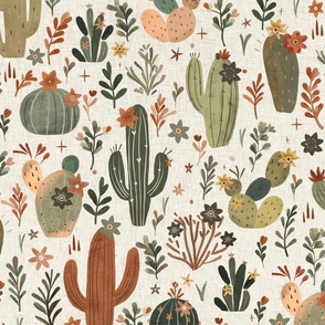 Whimsical wild west - flowering cactus in white and beige linen texture Large - Bohemian succulent desert - Hand drawn boho cacti - bedding wallpaper home decor