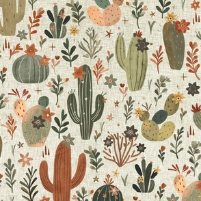 Whimsical wild west - flowering cactus in white with green linen texture Large  - Bohemian succulent desert - Hand drawn boho cacti - bedding wallpaper home decor