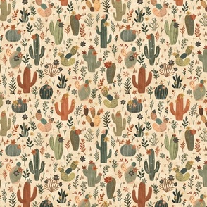 Whimsical wild west - flowering cactus in beige textured Medium - Bohemian succulent desert - Hand drawn boho cacti