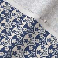 245 - mini small  scale hand drawn organic floral painterly clamshell scallop, for kids apparel,  duvet covers, curtains, patchwork, bedsheets and table linen in classic dark navy blue and off-white