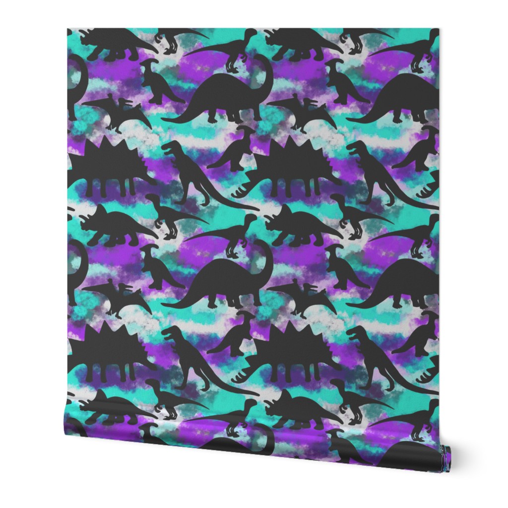 Black Dinosaur Sillhouettes on Watercolor Clouds, Violet and Teal Starry Night Sky 667dpi