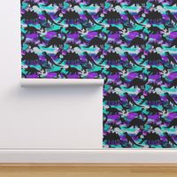Black Dinosaur Sillhouettes on Watercolor Clouds, Violet and Teal Starry Night Sky 667dpi