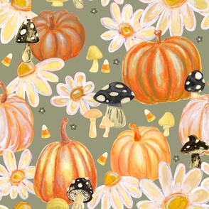 Hand-painted Cottagecore Halloween Pumpkins, Flowers, & Mushrooms in Sage Green