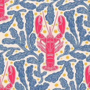 Nautical block print pink lobsters and coastal blue coral (large)