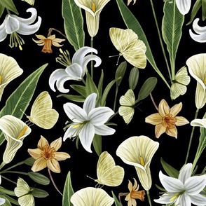 Botanical with White Lilies,  Daffodils,  Arum Lilies and Butterflies, Black Background Large Scale