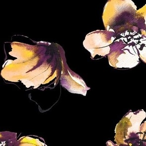 large - Open tulip cups - tossed watercolor florals - retro yellow and purple on black