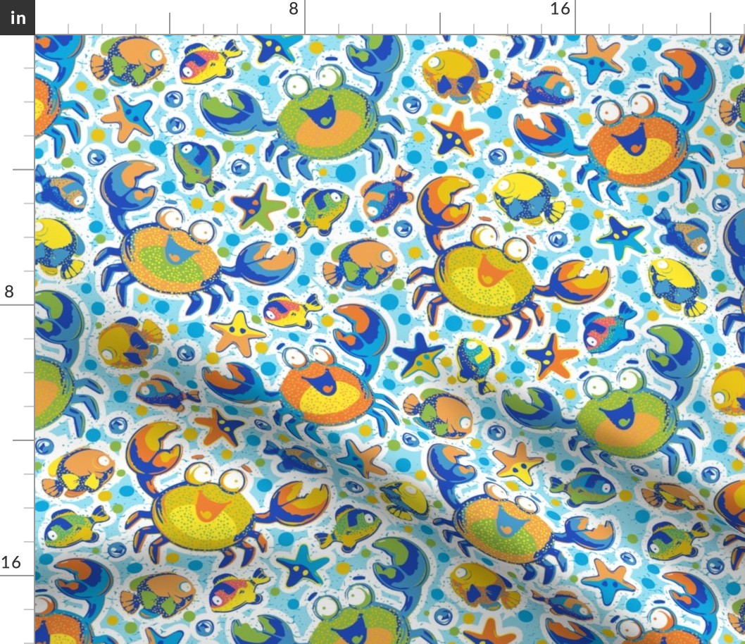 (M) Colorful Ocean Life - Charming Crustacean Core Pattern Featuring Playful Crabs, Tropical Fish, and Starfish Nautical Fabric Multicolor