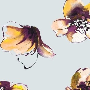 large - Open tulip cups - tossed watercolor florals - retro yellow and purple on eggshell light blue