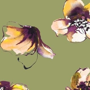 large - Open tulip cups - tossed watercolor florals - retro yellow and purple on light fern green