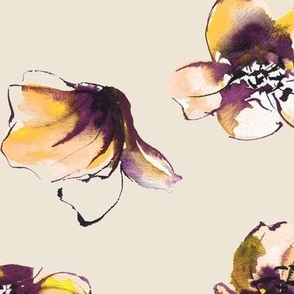 large - Open tulip cups - tossed watercolor florals - retro yellow and purple on panna cotta light beige