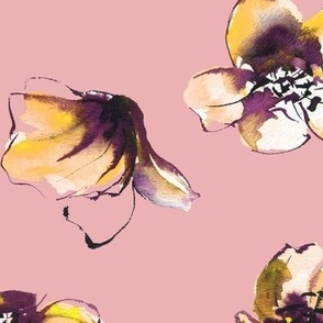 large - Open tulip cups - tossed watercolor florals - retro yellow and purple on rose pink