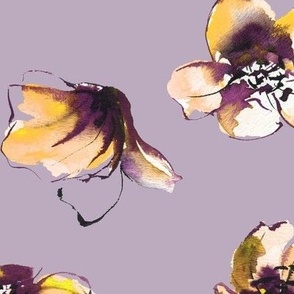 large - Open tulip cups - tossed watercolor florals - retro yellow and purple on rose quartz light purple