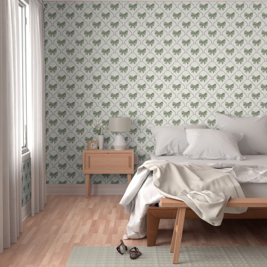 Large Dreamy Ribbon Scallope Bow Wallpaper in Soft Green