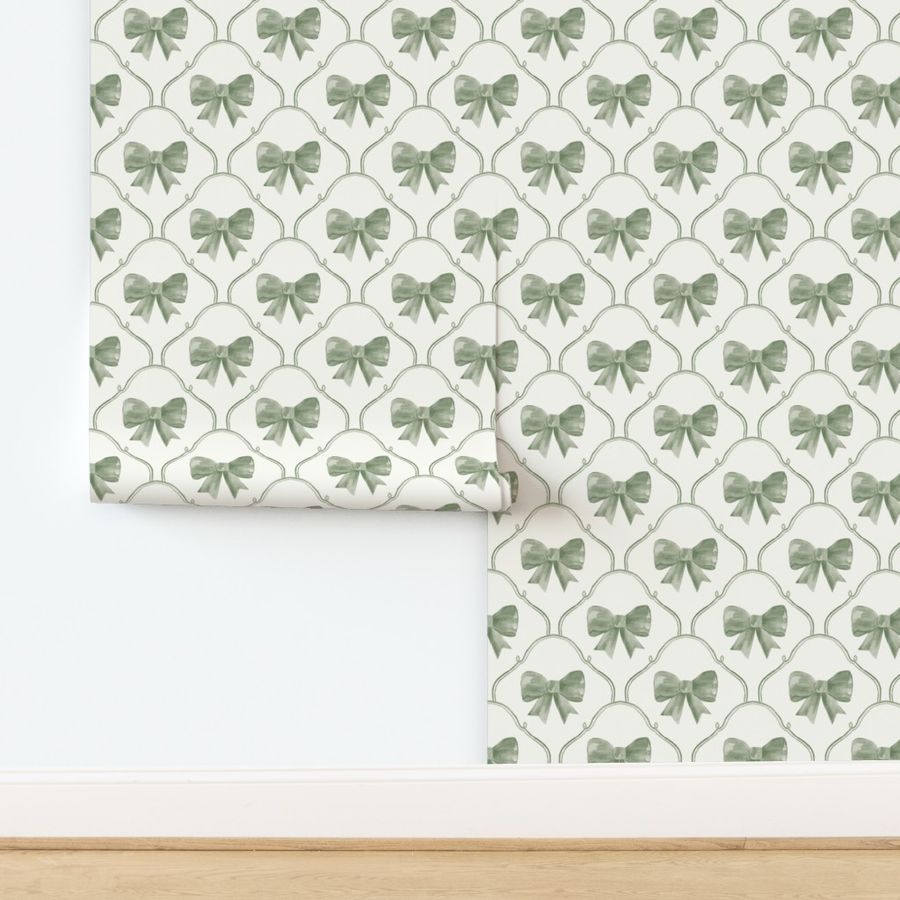 Large Dreamy Ribbon Scallope Bow Wallpaper in Soft Green