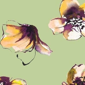 large - Open tulip cups - tossed watercolor florals - retro yellow and purple on tea green