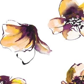 large - Open tulip cups - tossed watercolor florals - retro yellow and purple on white