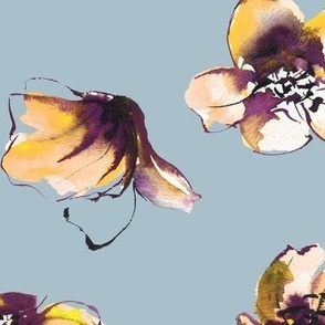 large - Open tulip cups - tossed watercolor florals - retro yellow and purple on light blue gray