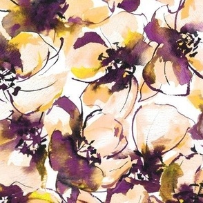 large - Spring blooming florals - dense sea of flowers - retro yellow and purple