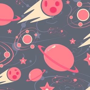 Galaxy seamless pattern with pink planets, comets and stars