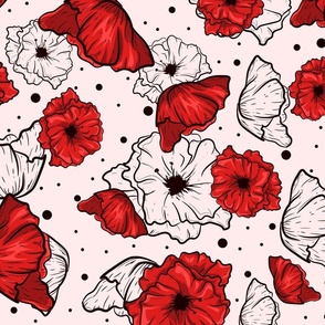 Seamless pattern with red poppies and dots