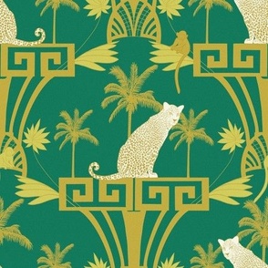 Exotic oasis. Art deco leopard. Gold and teal green