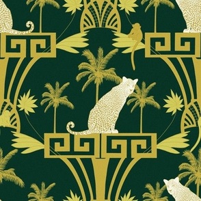 Exotic oasis. Art deco leopard. Gold and emerald green