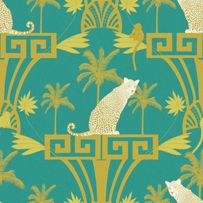Exotic oasis. Art deco leopard. Gold and turquoise