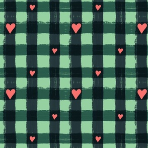 Gingham Check Black and green with Pink Hearts Kitsch plaid