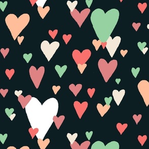 Pastel Valentine Hearts Scattered on Black with mint,  hot pink, fuchsia, peach, and white