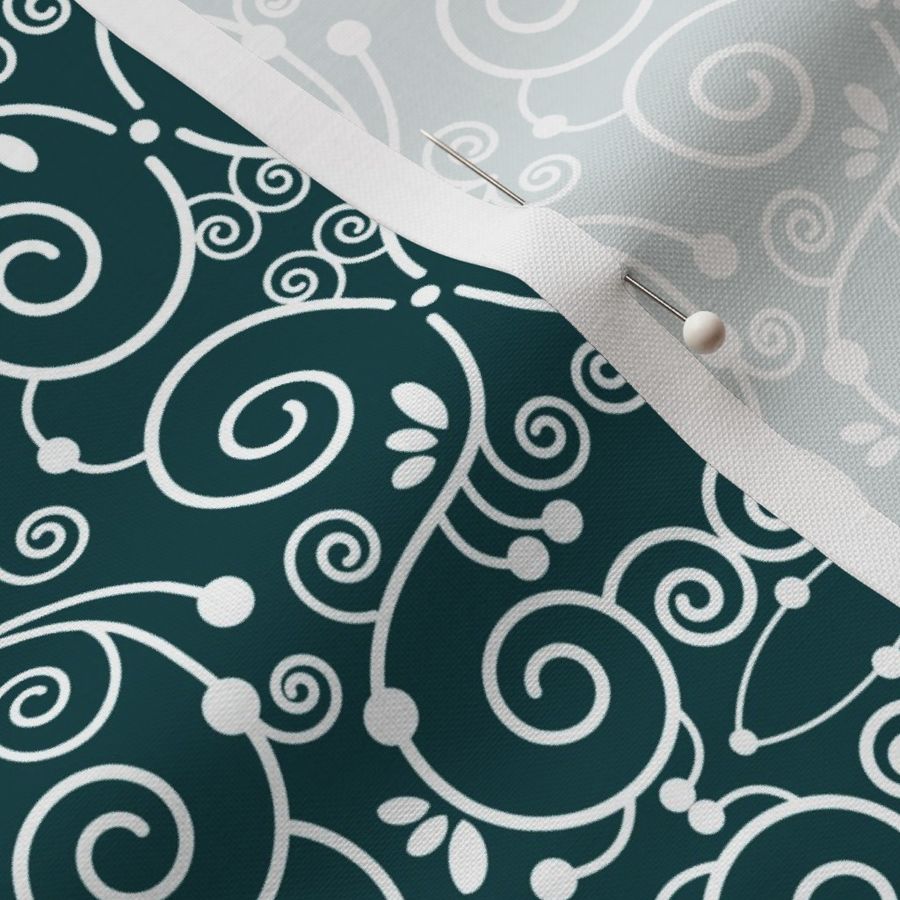 Swirlygig White on Deep Teal 004044