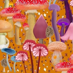 Mushroom Forest on Watercolor Copper Stars Mustard Yellow 